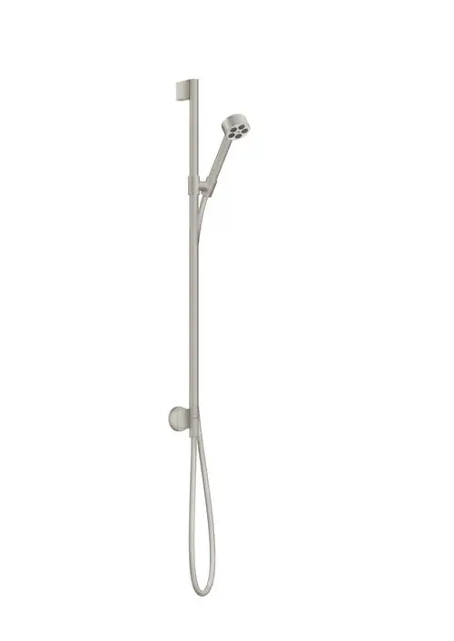 Brauseset von AXOR in Edelstahloptik mit Wandanschluss und einer Handbrause. Das Set ist schlank und funktional gestaltet, geeignet für moderne Badezimmer.